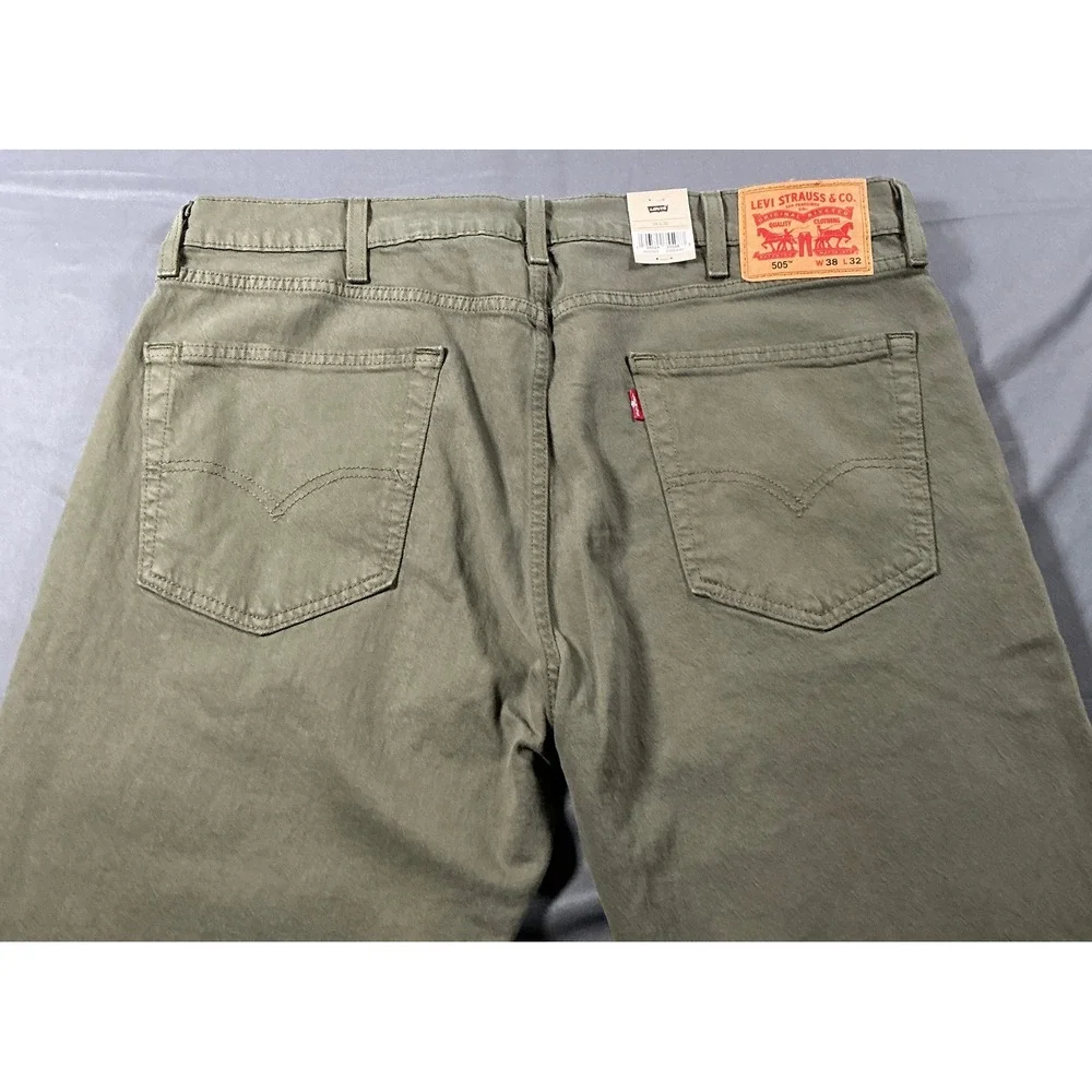 Levis 505 Regular Fit Mens 38x32 Olive Green Eco Ease Straight Leg Pants New